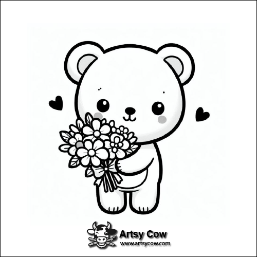 Step 10 teddy bear drawing easy for kids with flowers, featuring a bear holding a bouquet with hearts around it.